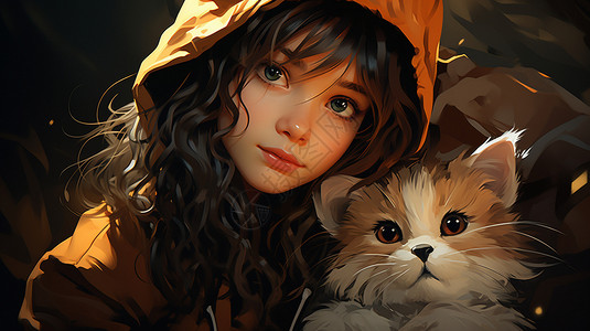 乖巧的小女孩和小猫背景图片
