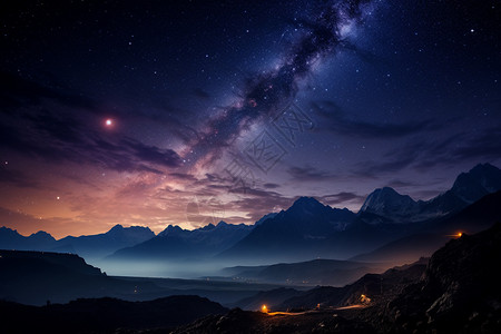 山路夜景天空中神秘的银河景观插画