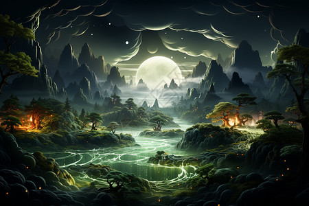 月夜奇妙的山间河流插图图片