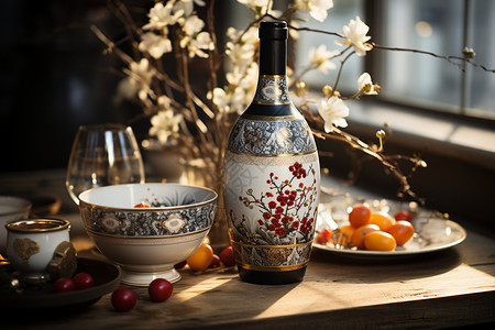手绘酒瓶传统印花的国风酒瓶背景