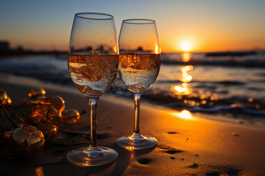 夕阳沙滩上的香槟酒杯图片