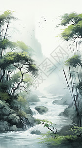 国风山间溪流水墨画背景图片