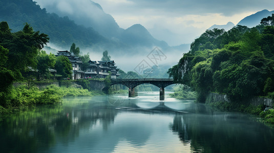薄雾弥漫的江南古镇景观背景图片