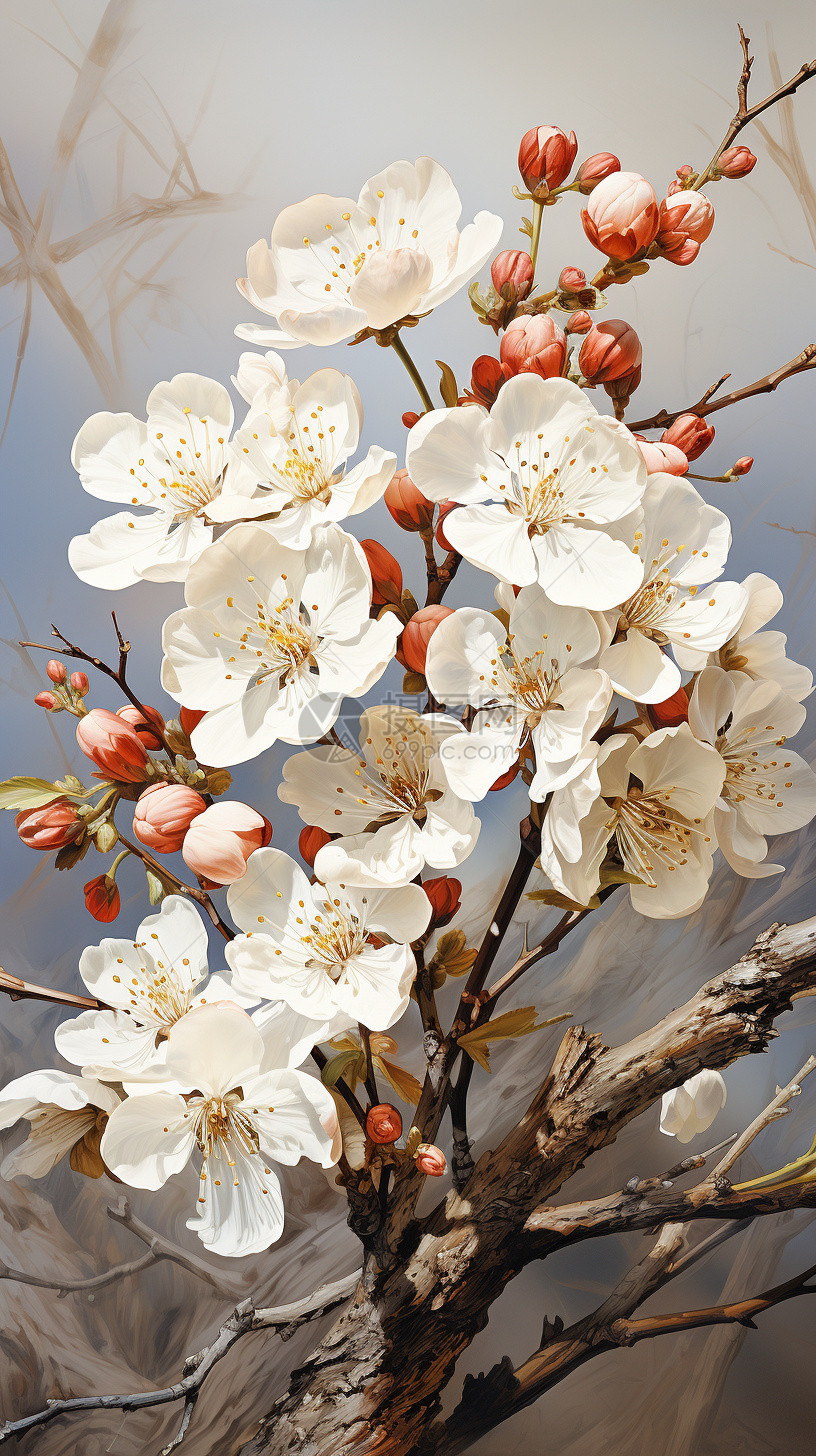枝头绽放的白色梨花图片