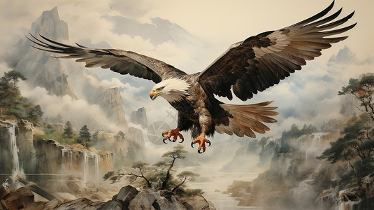 山中的雄鹰国风水墨画图片