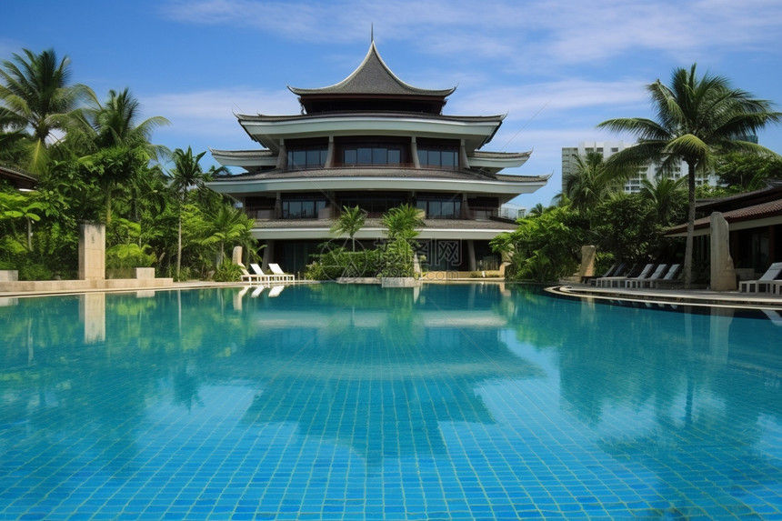 中式豪华度假村的户外泳池图片