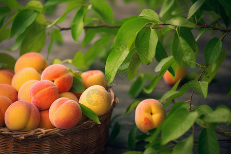 果园篮子中收获的桃子图片