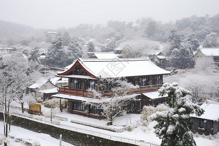 大雪覆盖的山中中式建筑图片