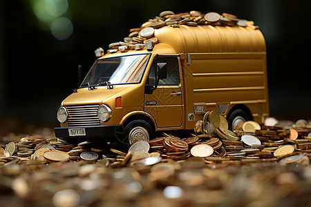金币堆上的玩具卡车背景图片