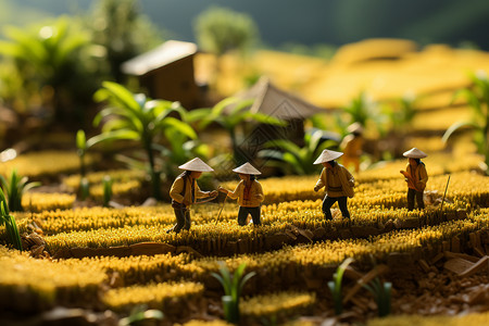 微小的金色稻田上的微小人群插画