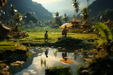两个小人素材绿野中的小人伞。插画