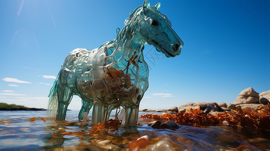 装饰海滩背景墙玻璃马在海滩上插画