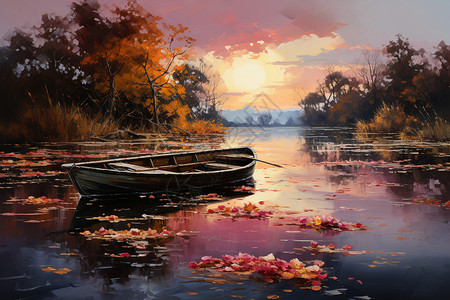 水声夕阳映照下的油画世界插画