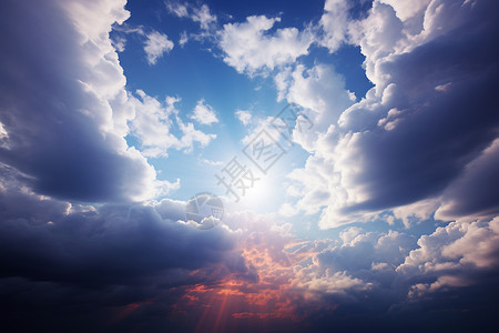 天气飘浮手绘云飘浮的云朵中渗透出明亮的阳光背景