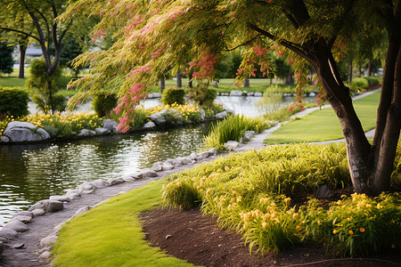 池塘草地花园中的湖景背景