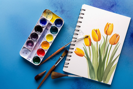 水彩颜料画笔水彩颜料绘制的郁金香背景