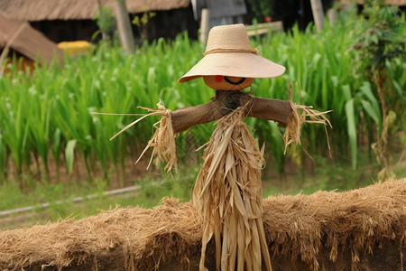 稻田中人工制作的稻草人背景图片