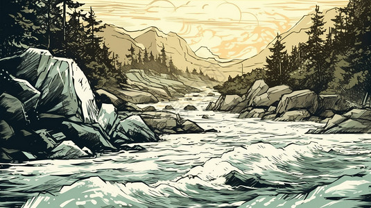 湍急的河流创意山间溪流线条插画插画