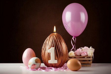 粉红色气球装饰仪式感一周年金蛋蜡烛装饰设计图片