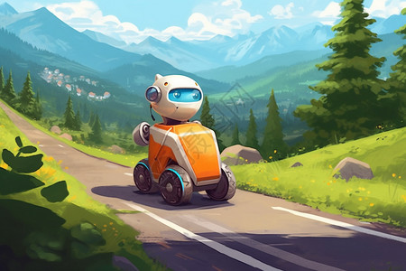 配送机器人乡村道路上的机械配送员插画