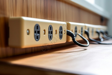 木桌墙壁上的可移动电源插座背景图片