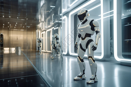 超现代大厅中的机器人背景图片