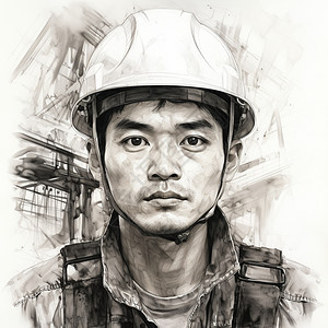 工人素描一位眼神坚毅且头戴安全帽的工人插画