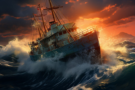 波浪渔船与夕阳图片