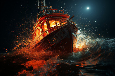夜晚风暴的渔船图片