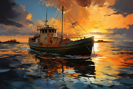 晚日落夕阳下的渔舟晚唱插画