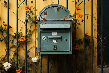 蓝色蔷薇玫瑰铁艺复古邮箱背景