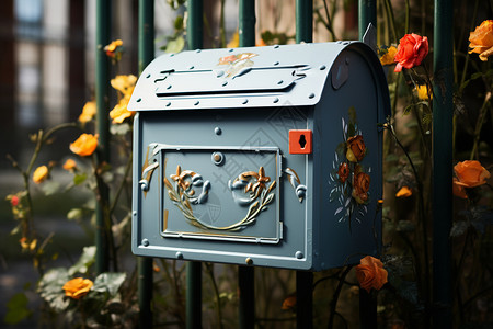 蓝色蔷薇玫瑰玫瑰栅栏与复古邮箱背景
