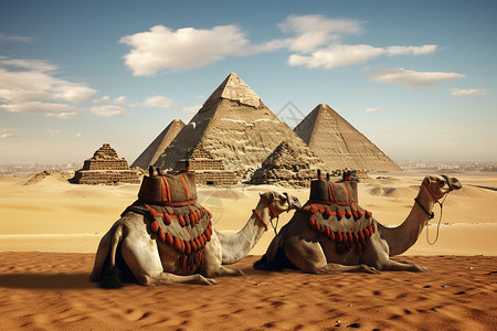 考古学金字塔前的骆驼背景