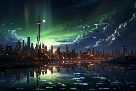 极光城市天空中醒目的极光设计图片