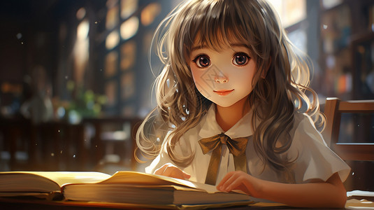 图书馆看书唯美唯美可爱的二次元女孩插画