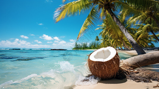 椰子海滩椰子树下的椰子背景