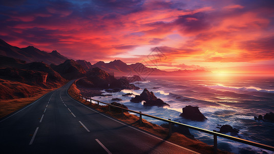 沿海公路绚丽的云彩背景图片