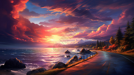 沿海的日落云层背景图片