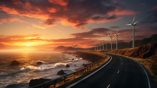 沿海一号公路海边的风力发电插画
