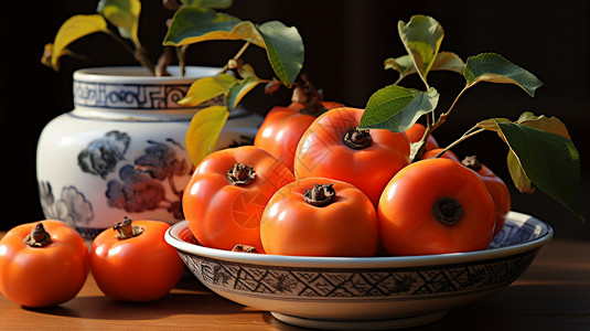 放在瓷碗中的柿子图片