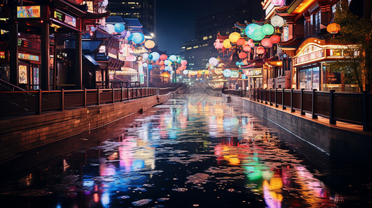 运河边的古镇夜晚的霓虹灯元素插画