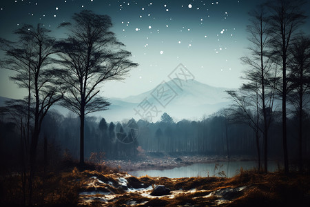 夜晚远景冬夜的星空设计图片