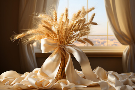金色的丝带装饰麦穗图片