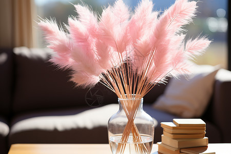 茸茸草花瓶上摆放着粉色羽毛背景