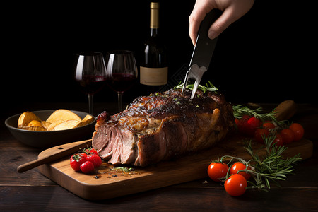 传统的假期庆祝：厨师用小刀切割着烤羊排，周围佐以美酒和美食。图片