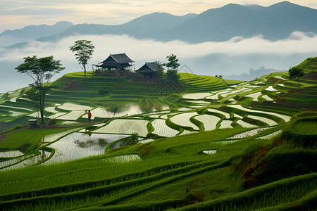 山脉上的稻田图片