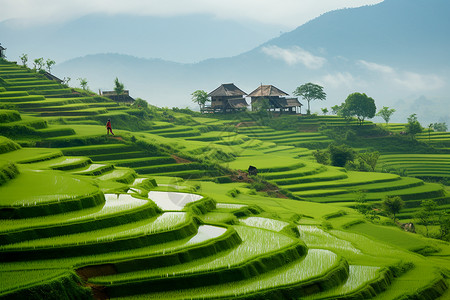 农业梯田绿野中的田园风光背景