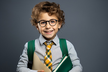 手中的书活泼可爱的男孩戴眼镜笑对镜头，手中捧着书本背景