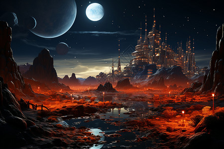 未来之星神秘的夜晚，美丽的星空下的幻想城堡背景