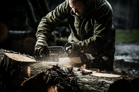 工人使用伐木工具伐木高清图片
